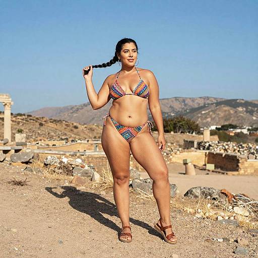 Woman in Colorful Tribal Bikini Posing at Ancient Ruins Outdoors