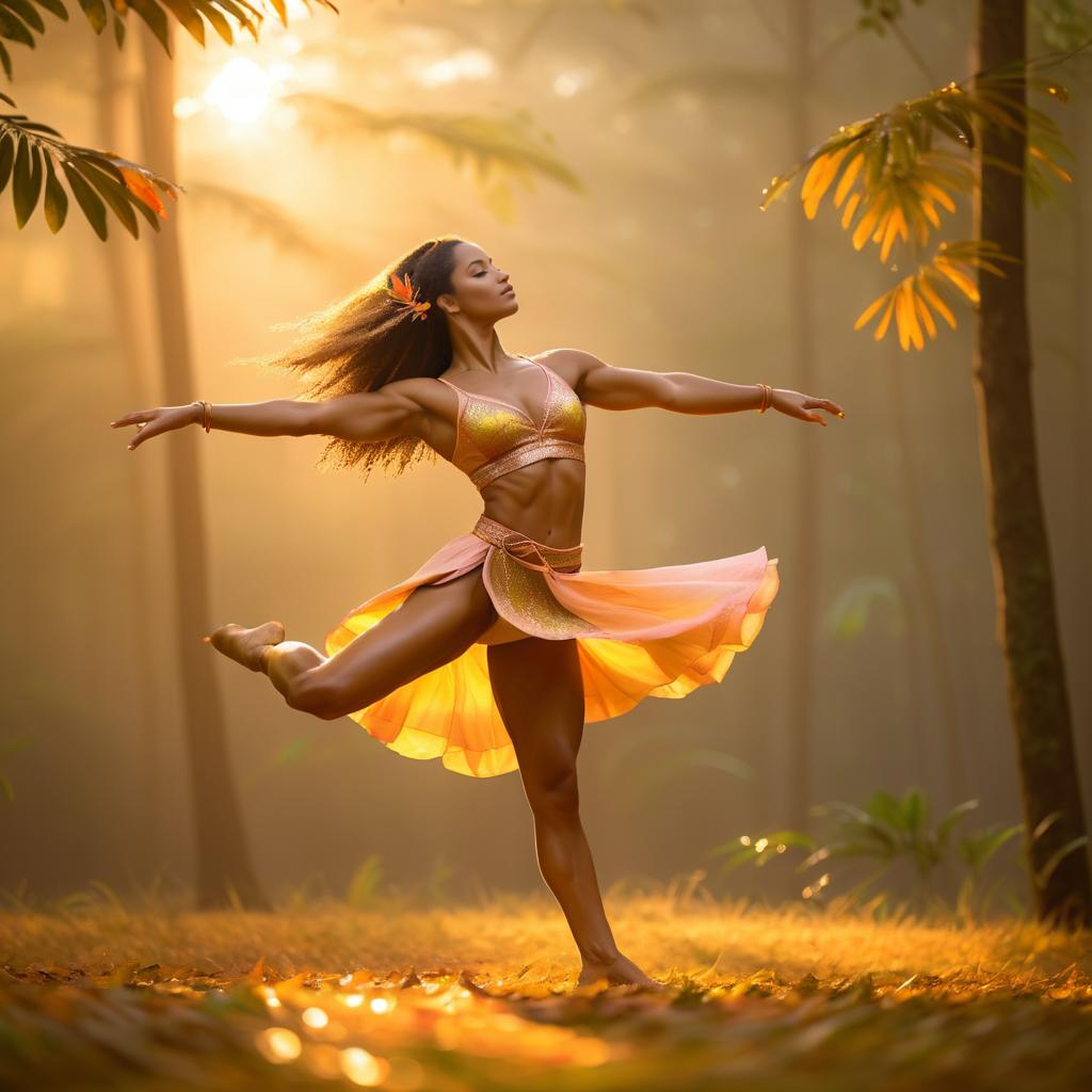 Graceful Woman Dancing in Serene Forest at Golden Hour