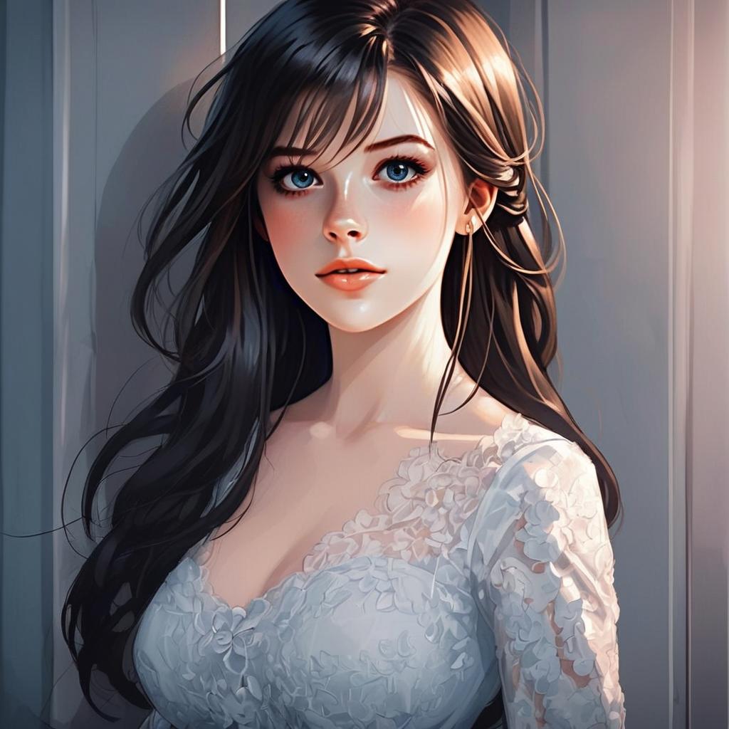 Elegant Anime Style Portrait of Woman in White Lace Dress