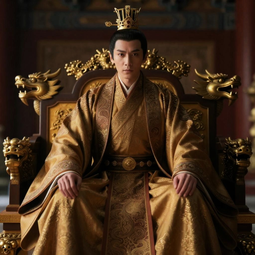 Regal Man in Traditional Golden Robes on Ornate Dragon Throne