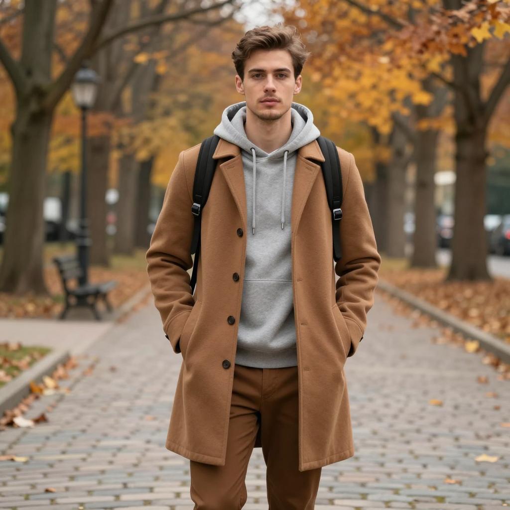 Young Man in Camel Coat and Hoodie Walking on Autumn Path