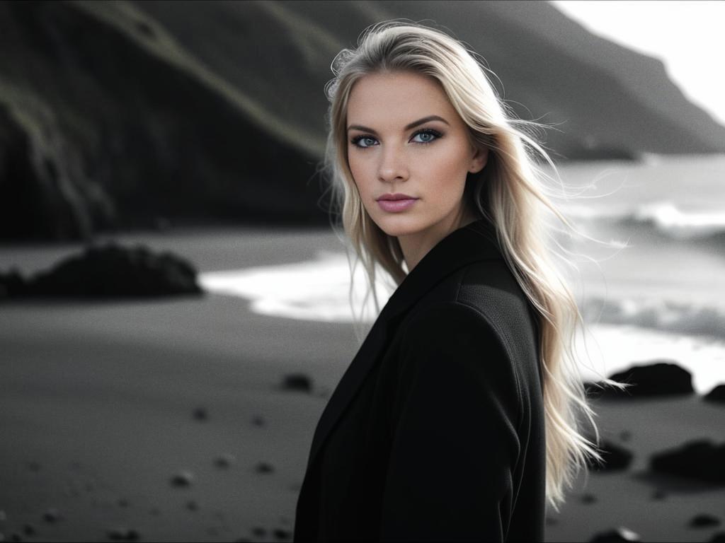 Elegant Woman on Serene Beach with Cliffs