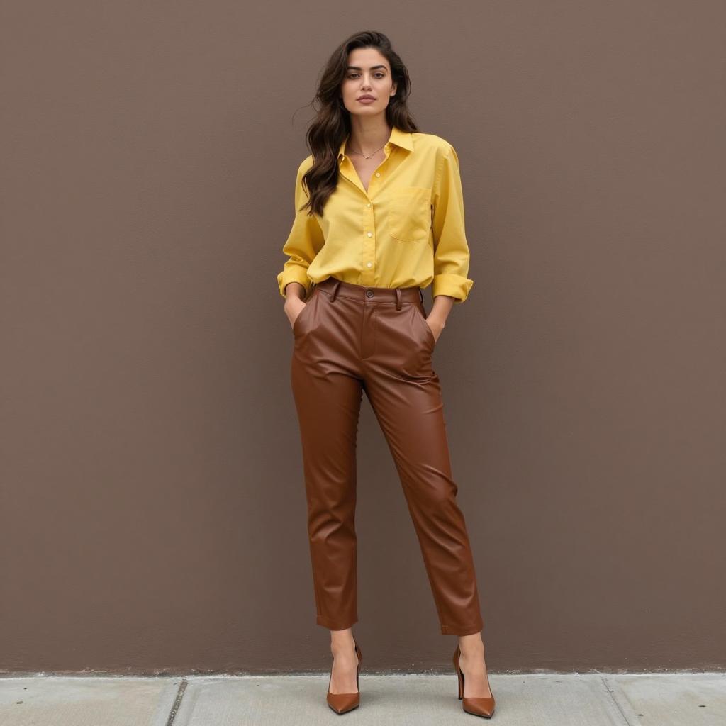 Woman Wearing Yellow Shirt and Brown Leather Pants Fashion Outfit