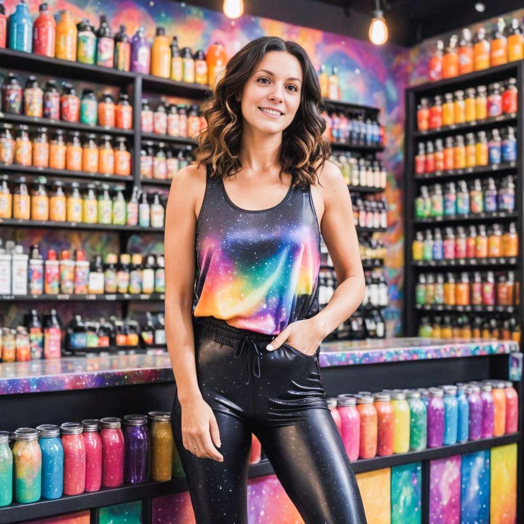 Colorful Woman in Galaxy Outfit at Vibrant Shop