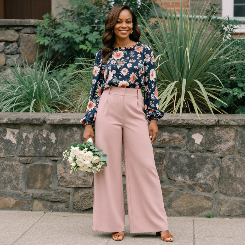 Elegant Woman in Floral Blouse and Wide-Leg Pink Trousers Holding Bouquet Outdoors