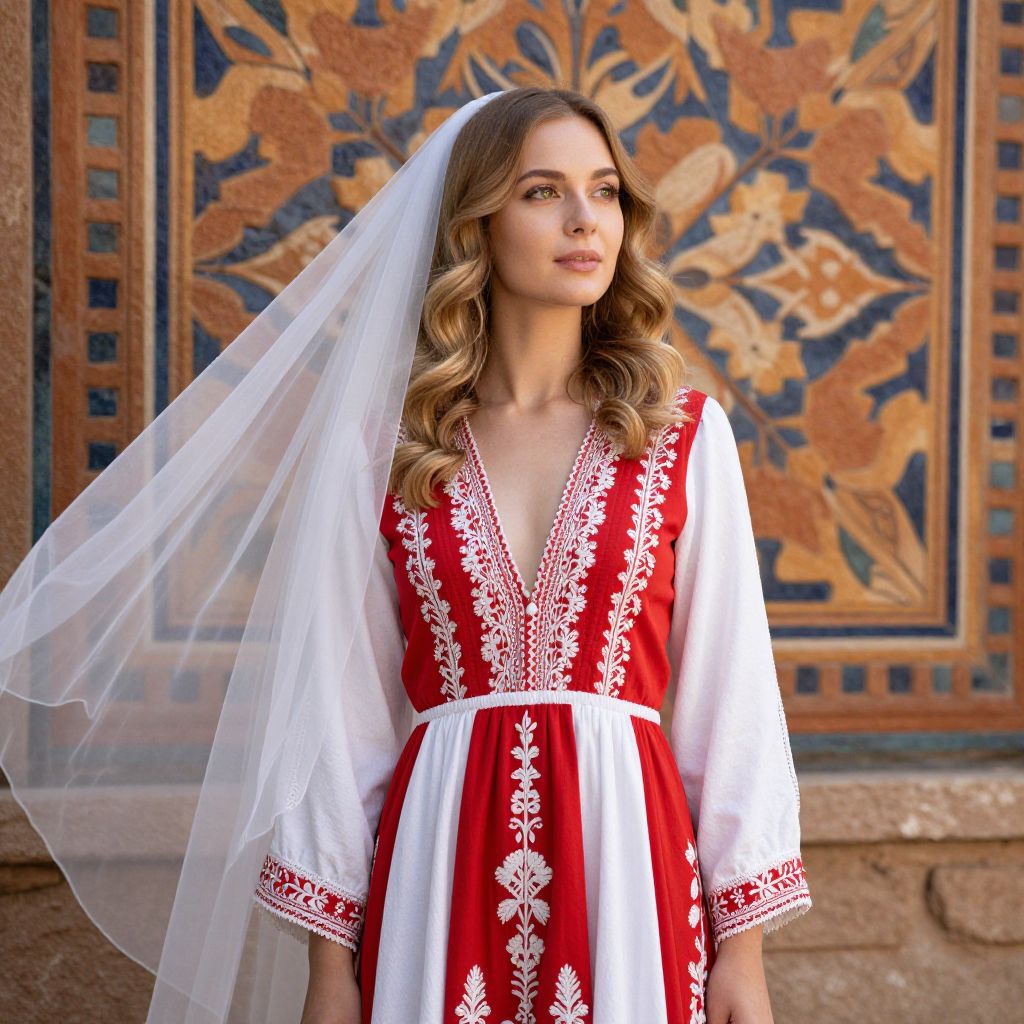 Woman in Traditional Embroidered Dress with Veil Standing by Mosaic Wall