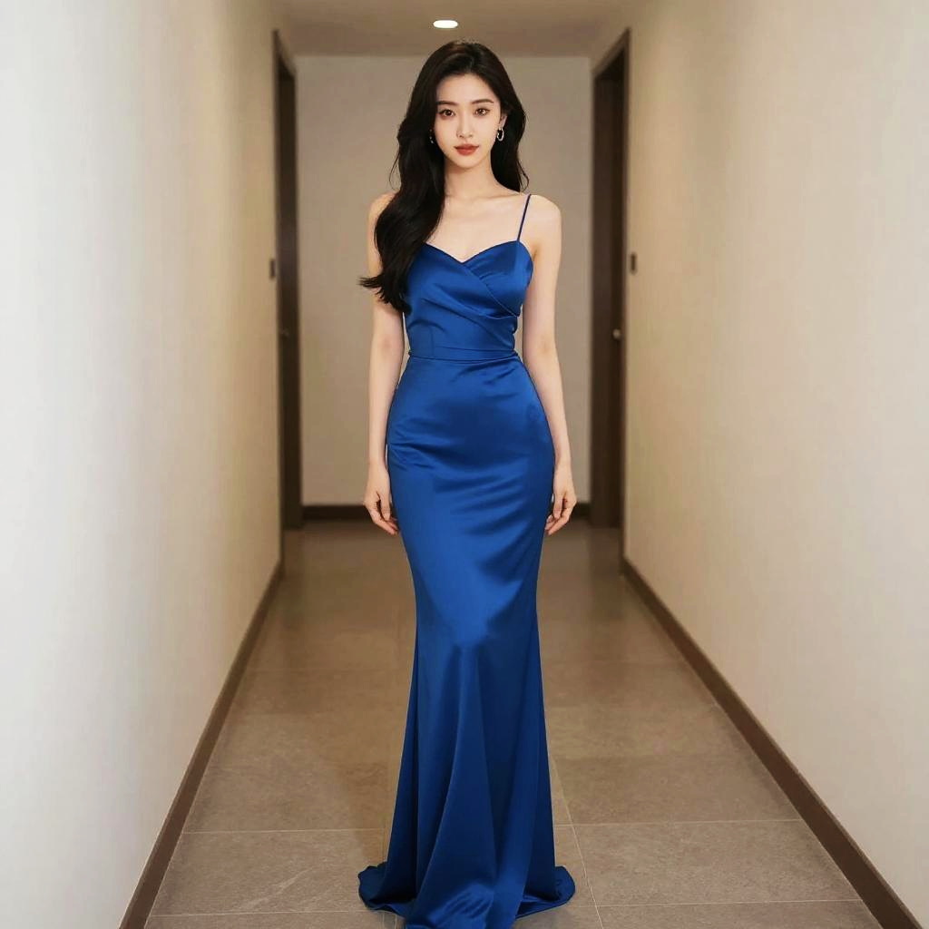 Elegant Woman in Blue Satin Gala Dress Standing in Hallway