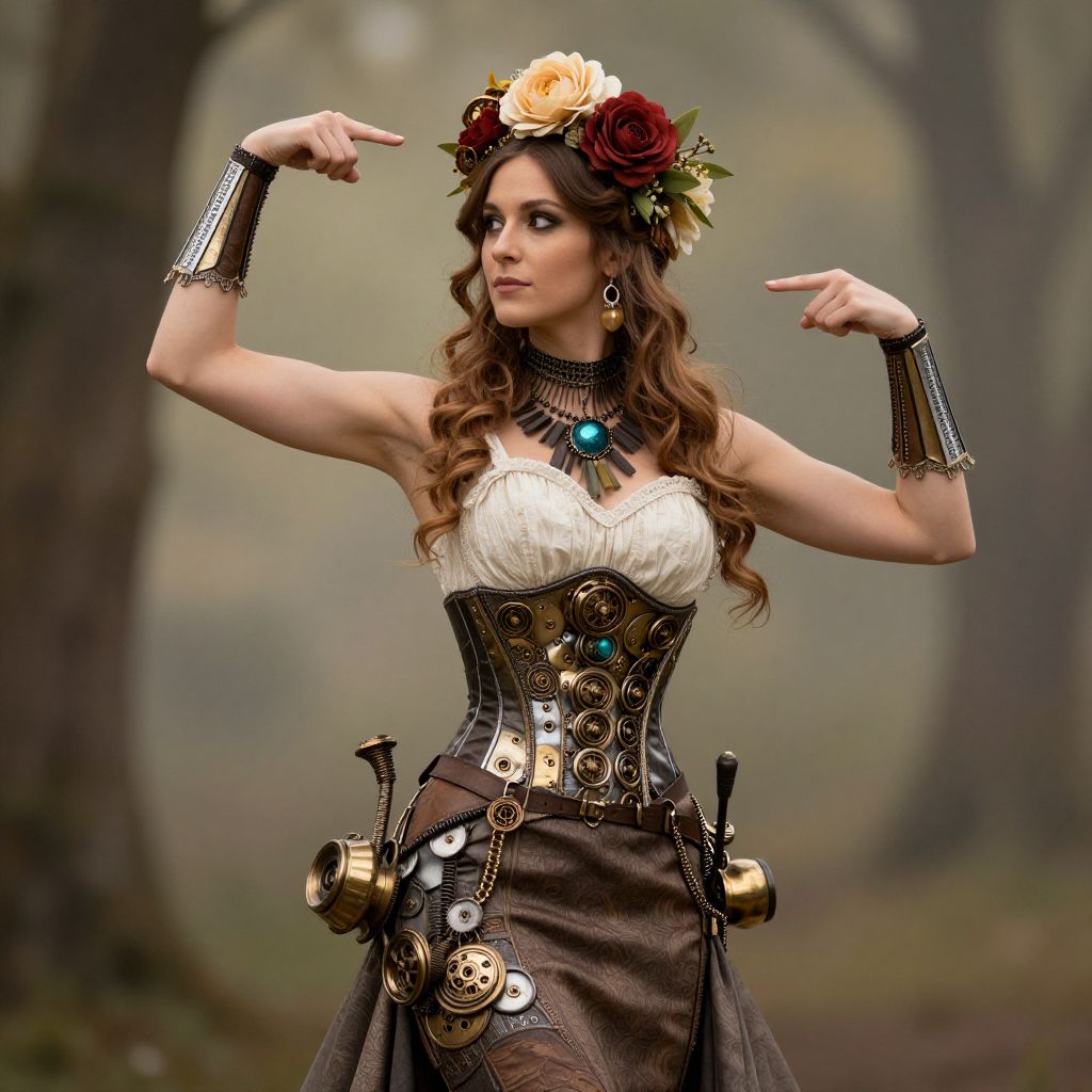 Steampunk Woman in Floral Crown and Gear-Adorned Corset Outdoor Portrait