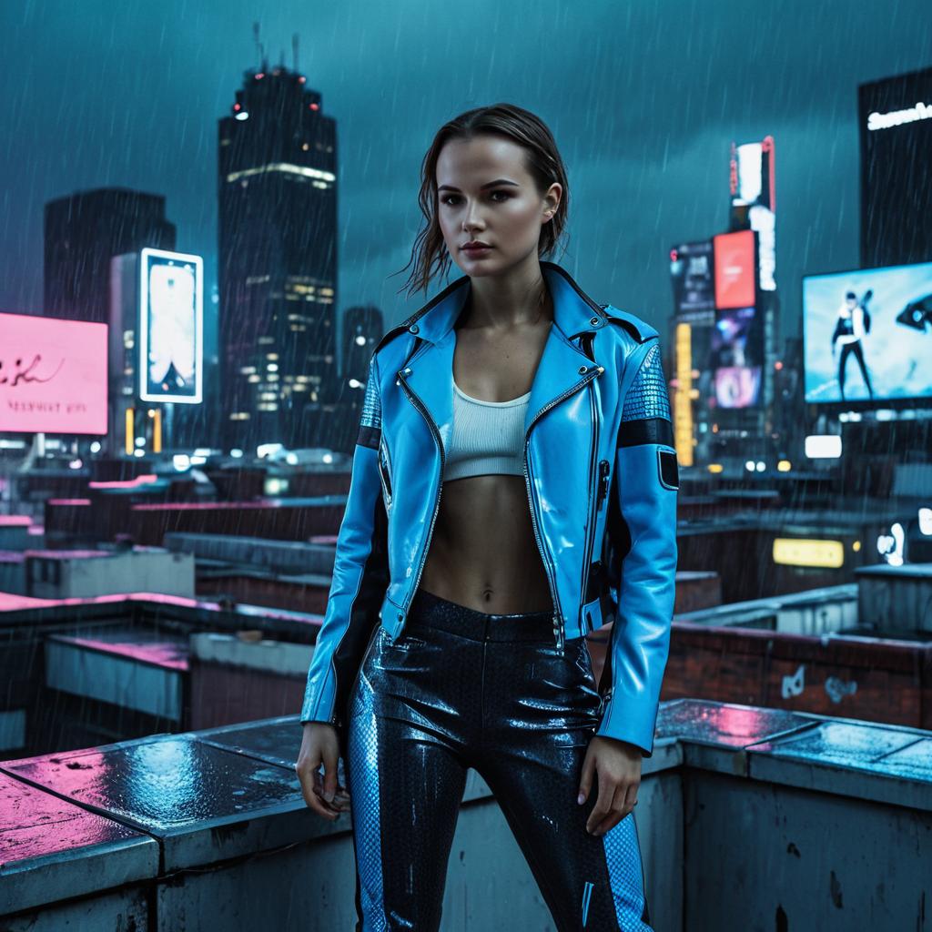 Futuristic Cyberpunk Woman on Rainy Rooftop in Neon City