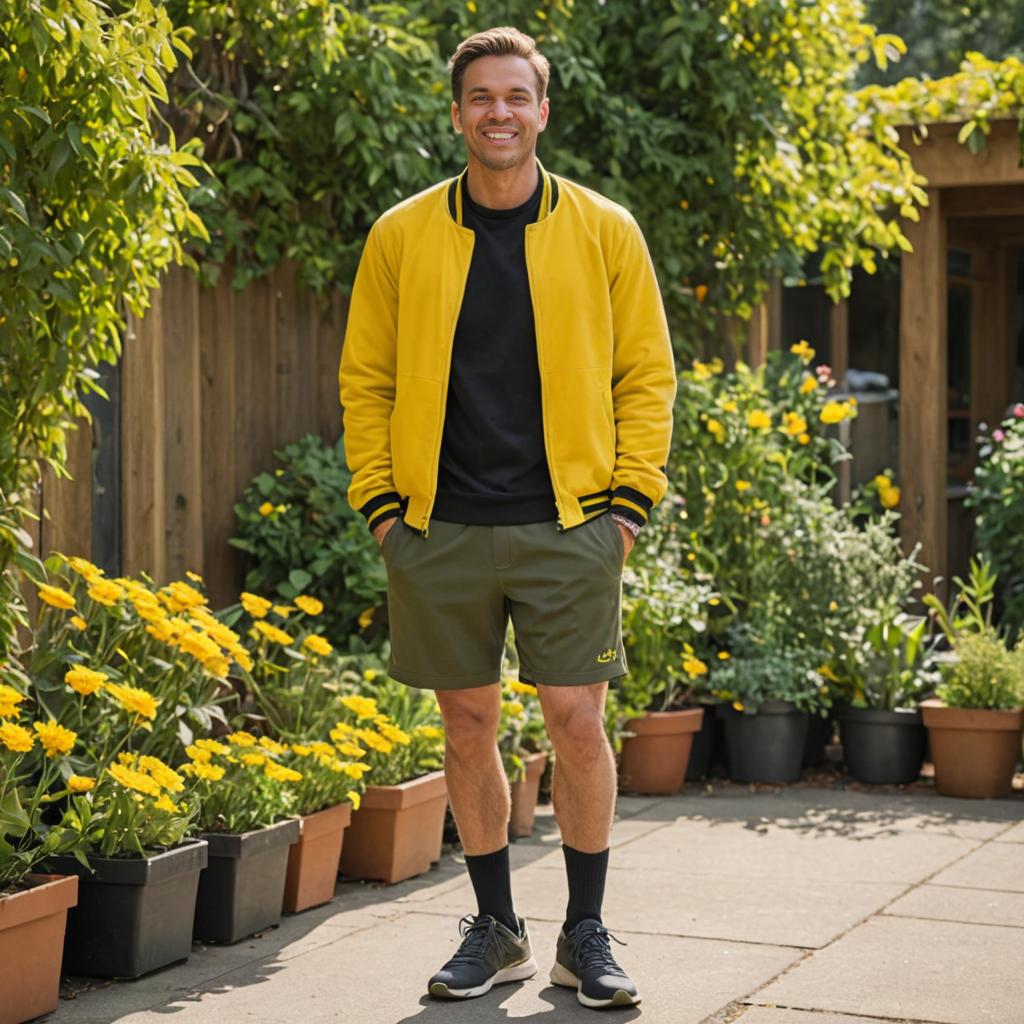 Cheerful man in yellow bomber jacket and shorts in garden