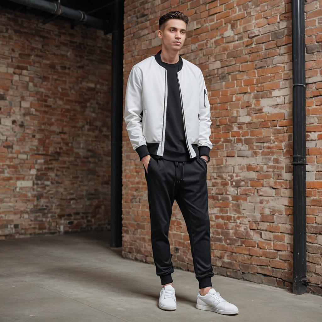 Confident man in varsity jacket against brick wall