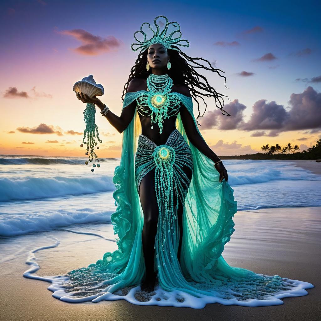 Elegant Woman in Ocean-Themed Costume by Shoreline