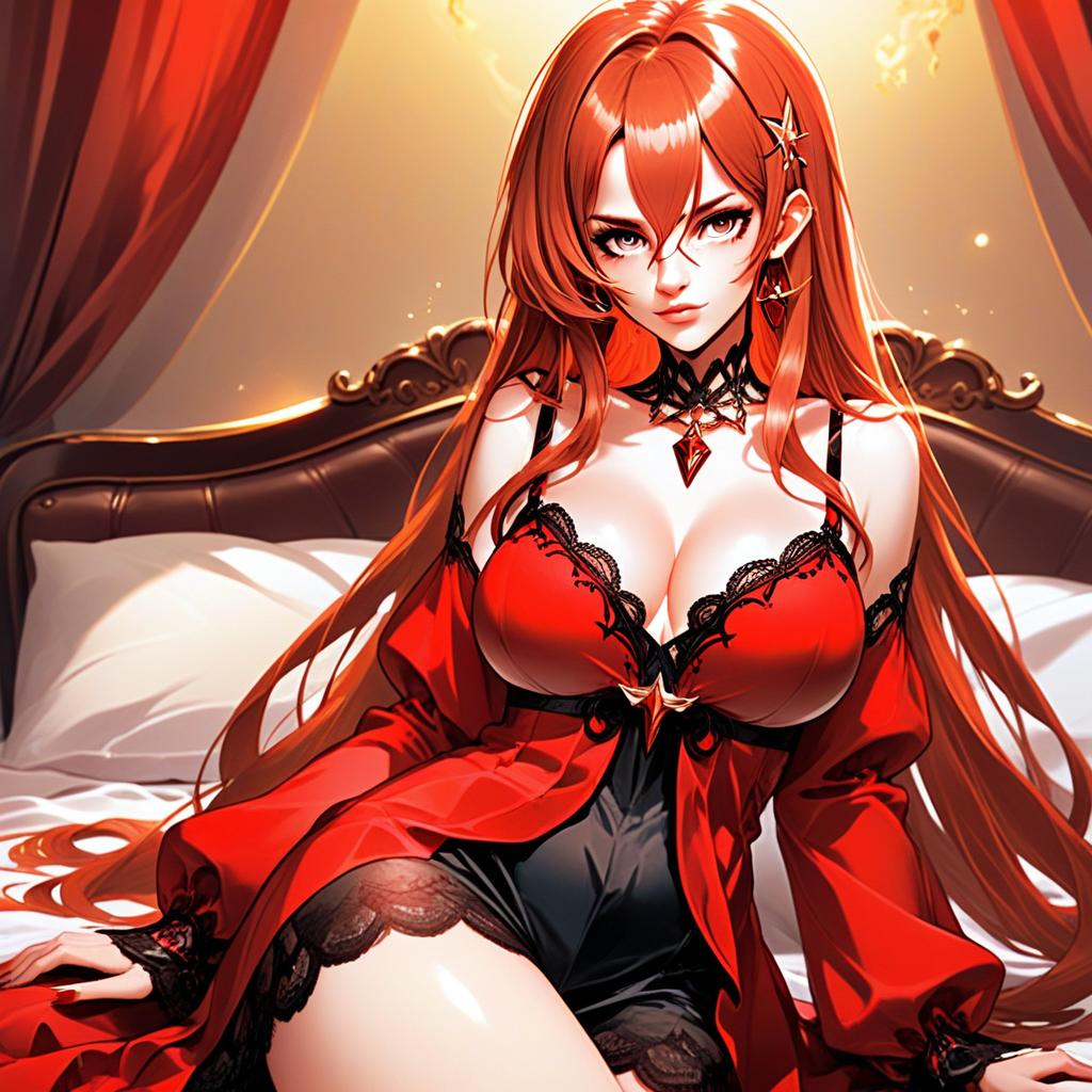 Anime Woman in Red Lingerie Sitting on Bed Digital Artwork