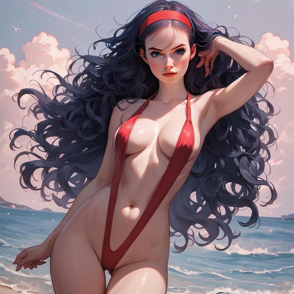 Digital Art of Woman in Red Swimsuit by Ocean with Long Hair
