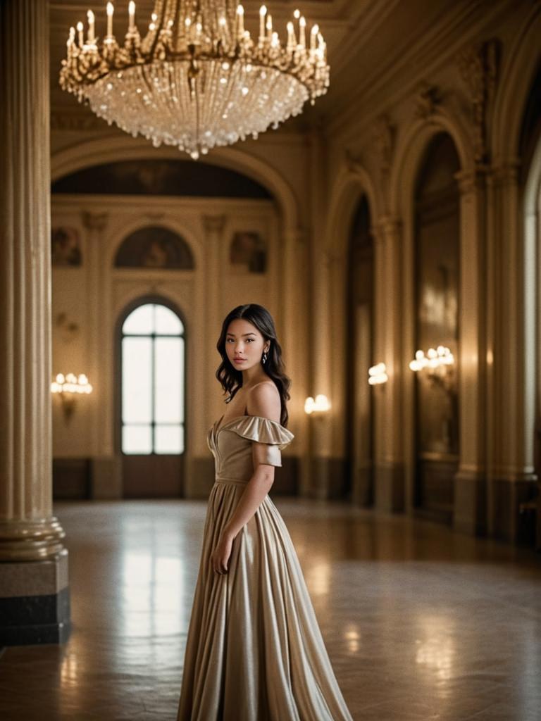 Elegant Woman in Grand Hall with Chandelier