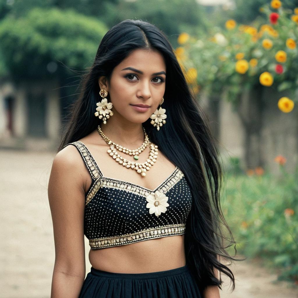 Young Woman in Elegant Black Chaniya Choli with Jewelry