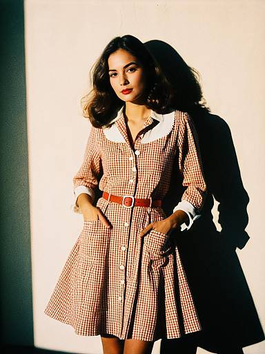 Woman in Casual Contemporary Red and White Plaid Sundress with V-Neckline