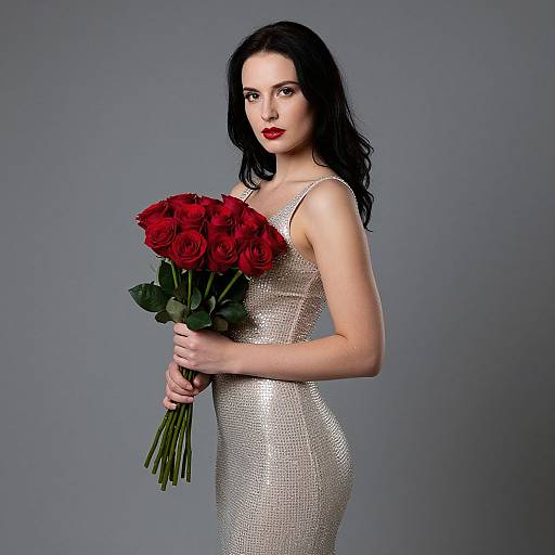Elegant Woman Holding Red Roses in Silver Dress on Gray Background
