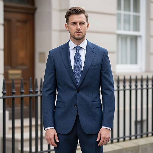 Man in Navy Blue Business Suit in Urban Setting