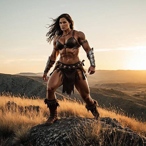 Muscular Woman Warrior in Leather Armor Standing on Rocky Hilltop at Sunset