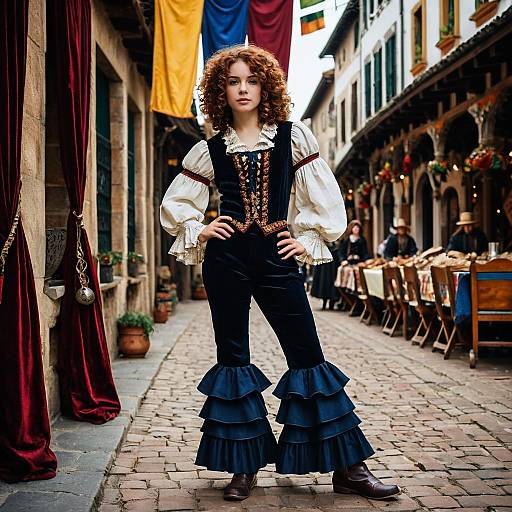 Young Woman in Renaissance Costume on Historic Street