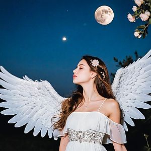 Serene Woman in White Gown with Angel Wings Under Full Moon