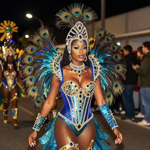 Woman in Blue and Gold Peacock Feather Carnival Costume at Night Parade