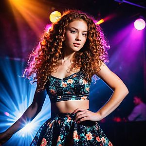 Confident Young Woman in Floral Outfit Under Stage Lights