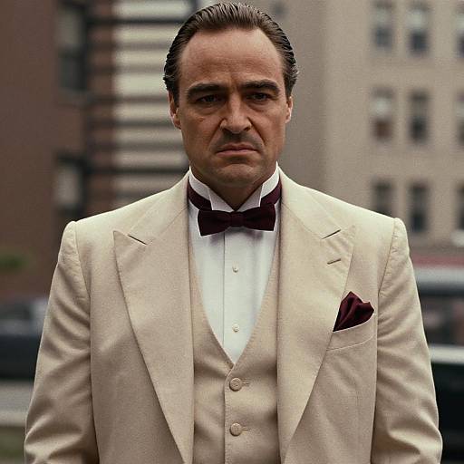 Man in Cream Vintage Three-Piece Suit with Maroon Bow Tie Urban Portrait