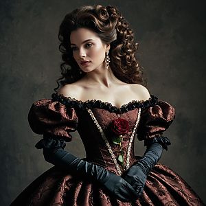 Victorian Style Woman in Elegant Brown Dress Holding Red Rose