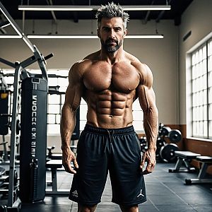 Muscular Man in Gym with Defined Abs
