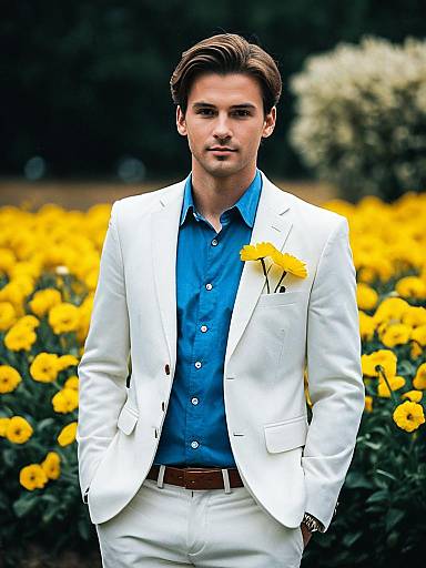 Man in White Suit and Blue Shirt with Yellow Flowers Outdoors