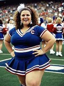 Plus-Size Woman in Classic Blue Cheerleader Costume Smiling on Football Field