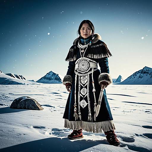 Woman in Traditional Arctic Clothing Standing in Snowy Mountain Landscape