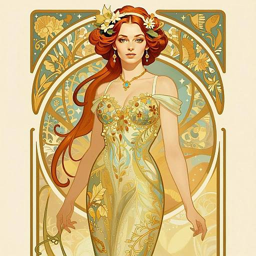 Art Nouveau Style Illustration of Woman in Ornate Floral Gown