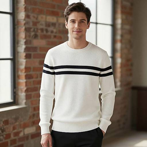 Man in White Sweater with Black Stripes in Industrial Indoor Setting