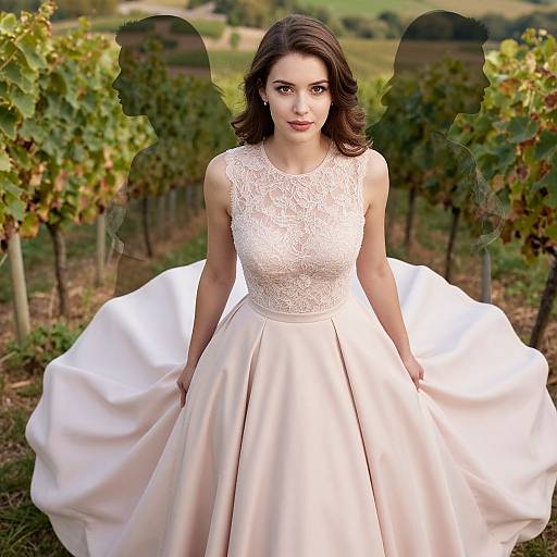 Elegant Woman in Blush Pink Lace Dress in Vineyard with Artistic Silhouettes