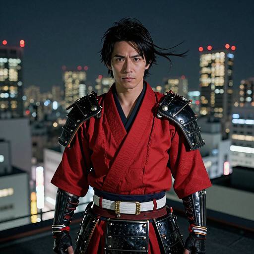 Samurai Man in Red Armor on City Rooftop at Night
