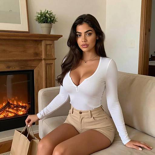 Stylish Gen Z Woman in Casual White Top and Beige Shorts by Fireplace