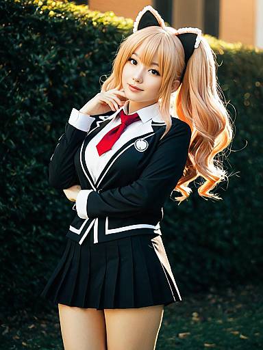 Junko Saotome Cosplay Woman in Black School Uniform with Cat Ears