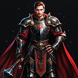 Heroic Man in Black and Gold Medieval Armor with Mace