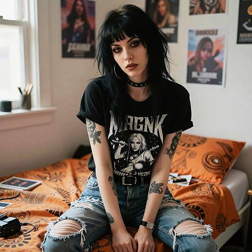 Grunge Style Woman Sitting on Bed in Casual Room with Tattoos