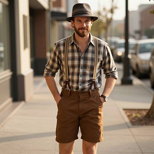 Man Wearing Plaid Shirt, Brown Shorts, Suspenders, and Fedora Hat on City Sidewalk