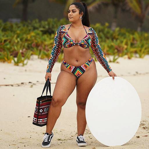 Confident Woman in Colorful Geometric Bikini with Reflector on Beach