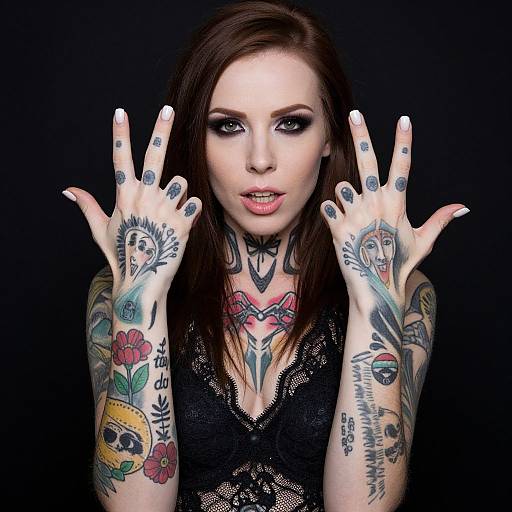 Tattooed Woman with Intense Gaze and Detailed Body Art