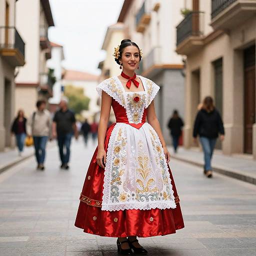 Woman in Traditional Spanish Fiesta Dress Standing on Street