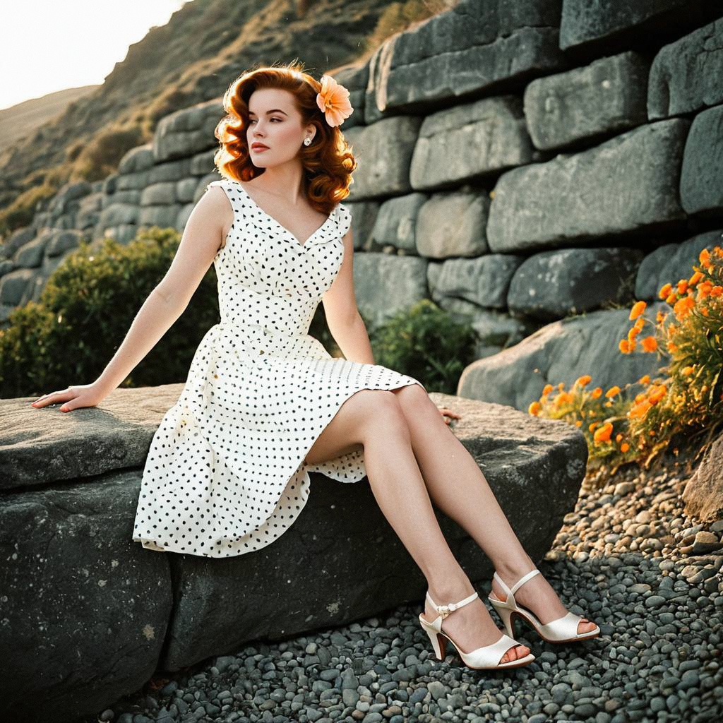 Vintage Woman in Polka-Dot Dress on Stone Bench