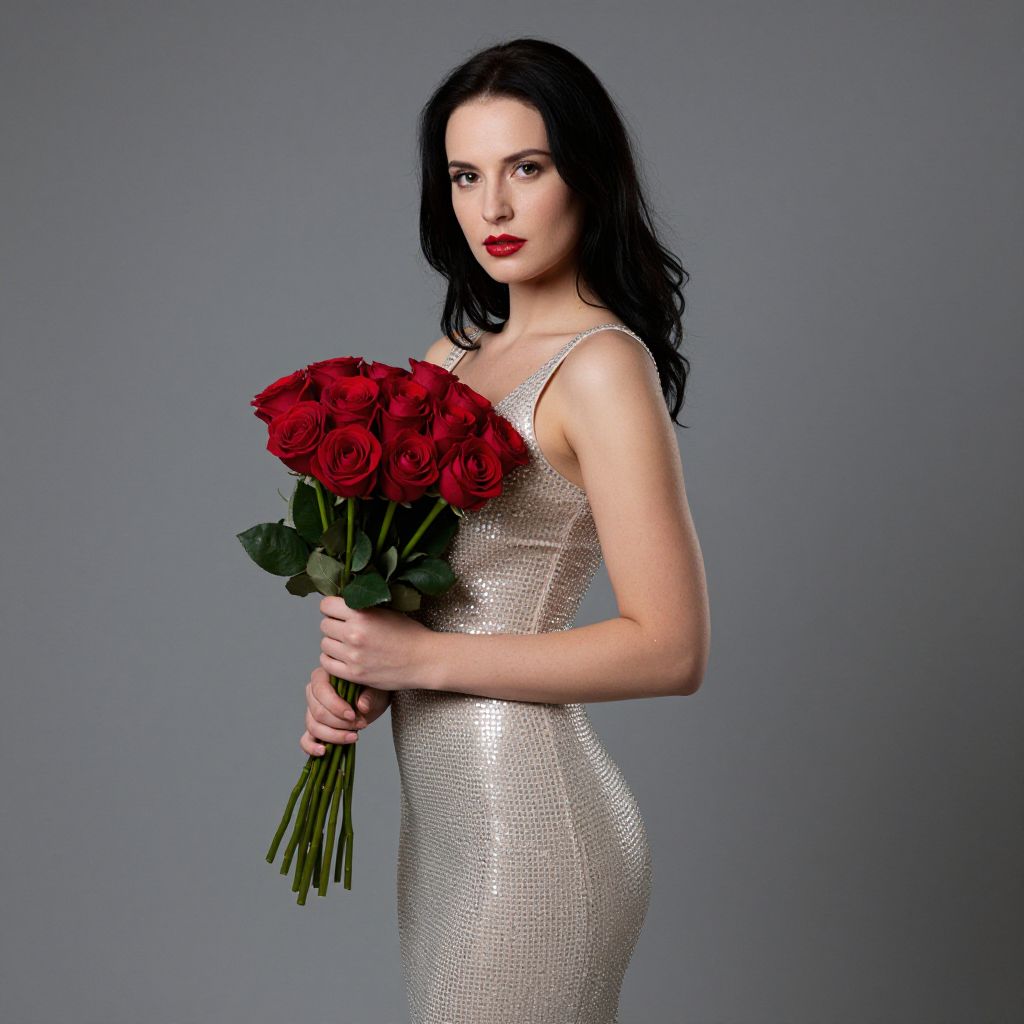 Elegant Woman Holding Red Roses in Silver Dress on Gray Background