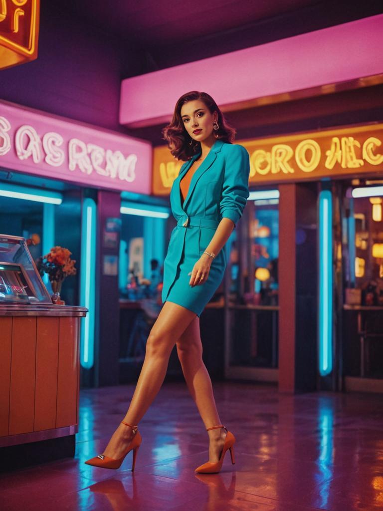 Confident Woman in Stylish Heels Against Neon Backdrop