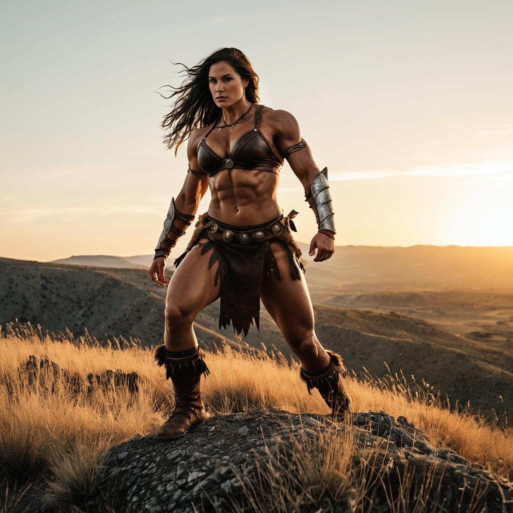 Muscular Woman Warrior in Leather Armor Standing on Rocky Hilltop at Sunset